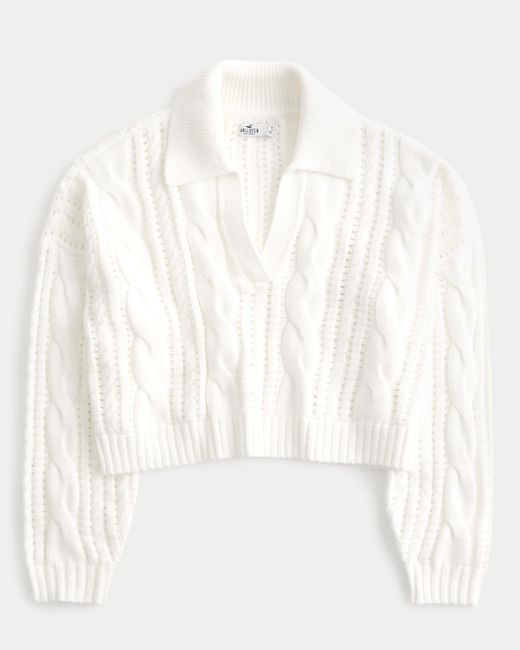 Hollister White Easy Long-sleeve Cable-knit Polo Sweater