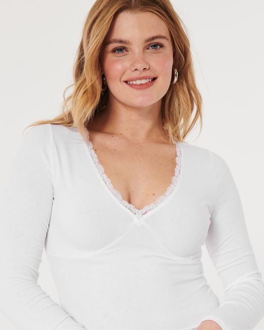 Hollister White Lace Trim Long-sleeve V-neck Top