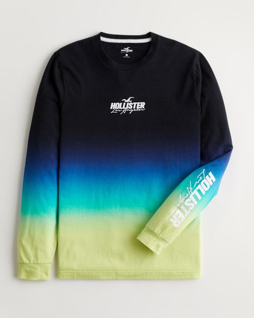 Hollister Blue Long-sleeve Ombre Print Logo Graphic Tee for men
