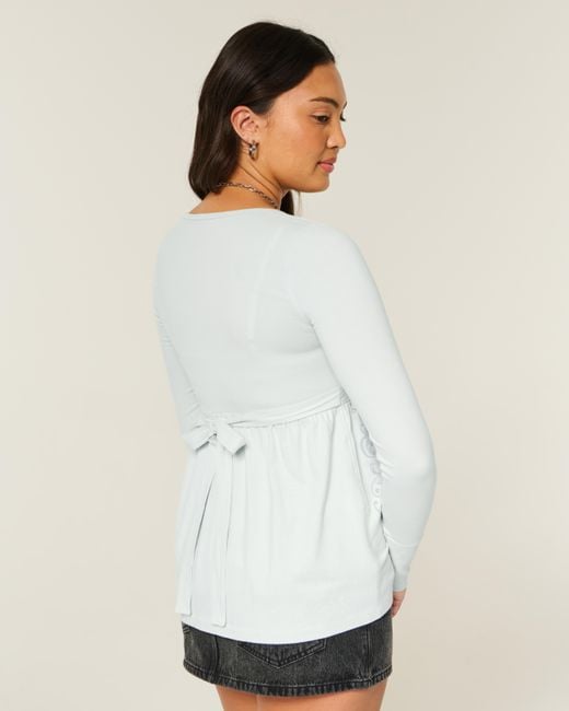 Hollister White Long-sleeve Pinch Bust Graphic Babydoll Top