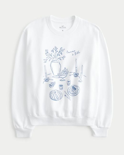 Hollister White Lässiges Sweatshirt mit Rundhalsausschnitt und L'Amour à Table-Grafik