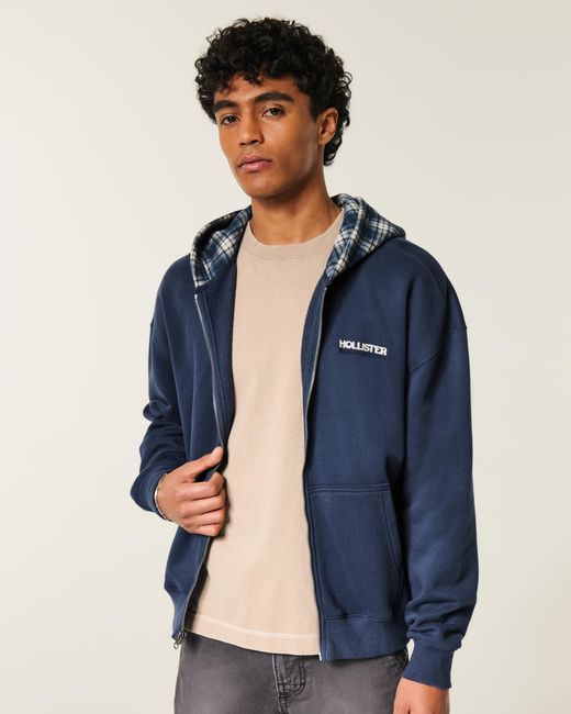 Hollister Blue Boxy Zip-up Plaid Hood Logo Hoodie for men