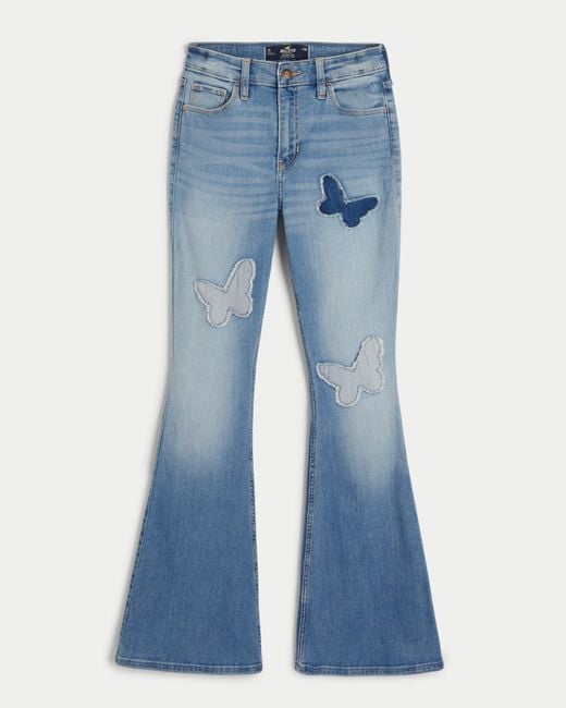 Hollister Blue High-rise Medium Wash Butterfly Patch Flare Jeans