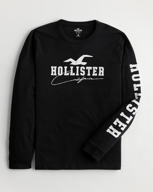 Hollister Black Long-sleeve Applique Logo Graphic Tee for men