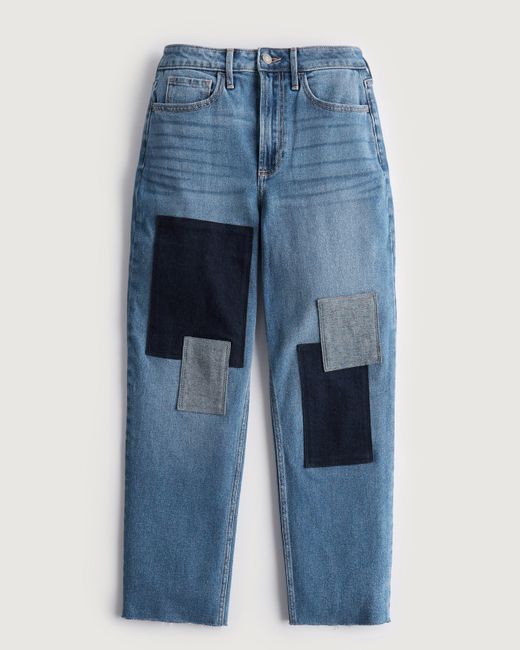 Hollister Blue Curvy Ultra High-rise Dark Wash Patchwork Vintage Ankle Straight Jeans