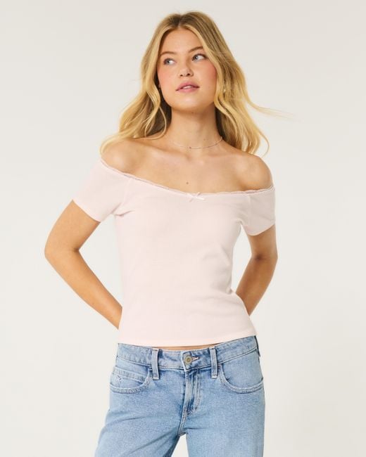 Hollister Pink Off-the-shoulder Lace Trim Top
