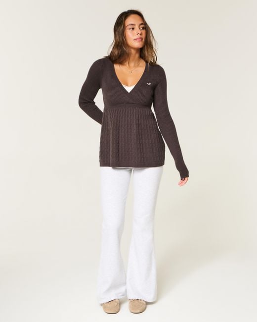 Hollister Brown Wrap Front Long-sleeve Babydoll Sweater