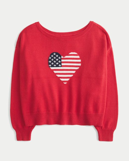Hollister Red Easy Off-the-shoulder Heart Flag Graphic Sweater