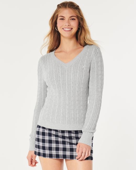 Hollister Gray Cable-knit V-neck Sweater