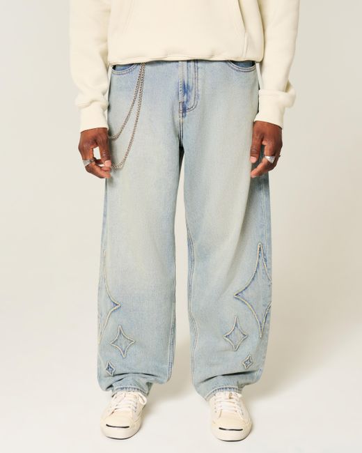 Hollister Blue Light Wash Graphic Skater Baggy Jeans for men