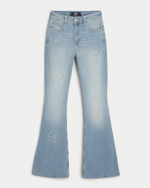 Hollister Blue High Rise Flare Jeans in mittlerer Waschung mit Blumenstickerei