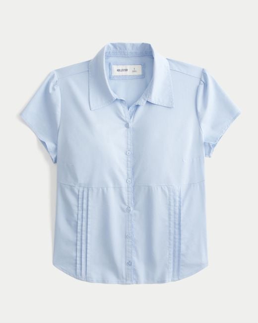 Hollister Blue Short-sleeve Stretch Poplin Button Front Shirt