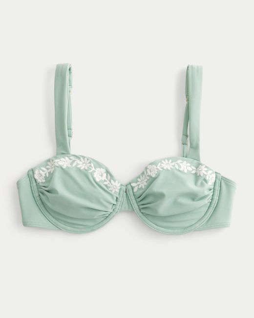 Hollister Green Ruched Embroidered Balconette Bikini Top