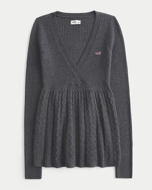 Hollister Gray Wrap Front Long-sleeve Babydoll Sweater