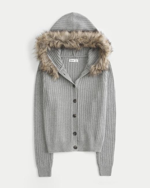 Hollister Gray Hooded Faux Fur Trim Cardigan
