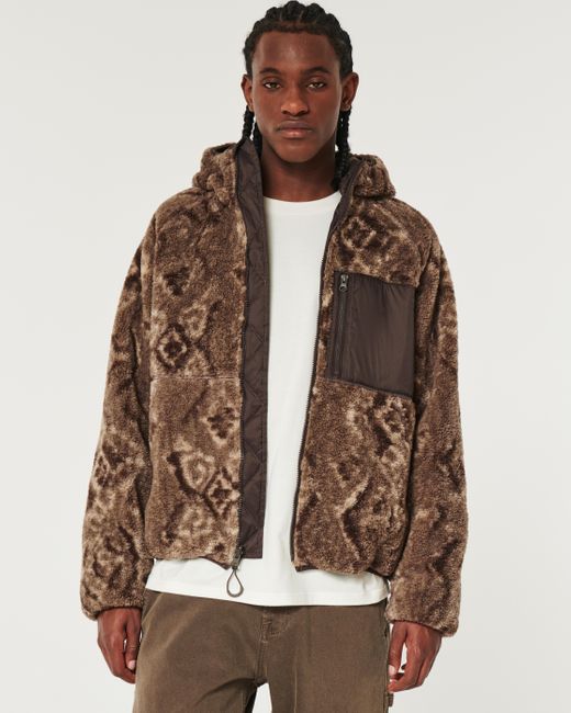 Hollister Brown Hooded Faux Shearling Zip-up Jacket for men