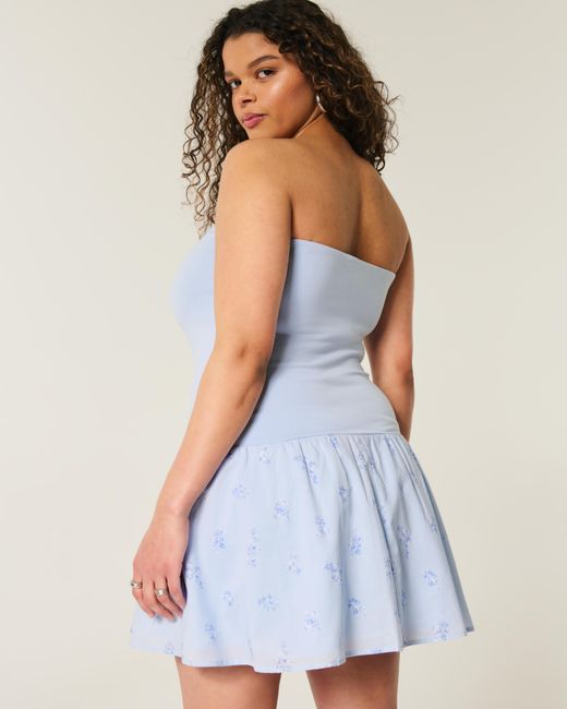 Hollister Blue Strapless Drop-waist Knit-woven Mini Dress