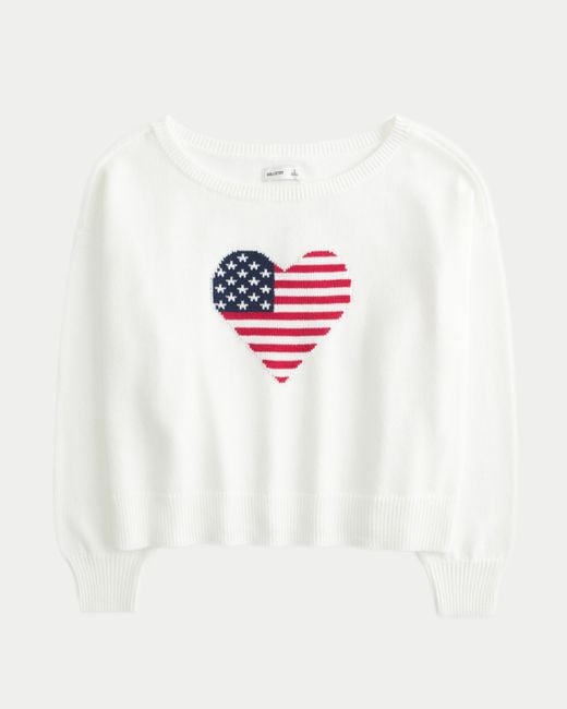 Hollister White Slouchy Off-the-shoulder Flag Heart Graphic Sweater