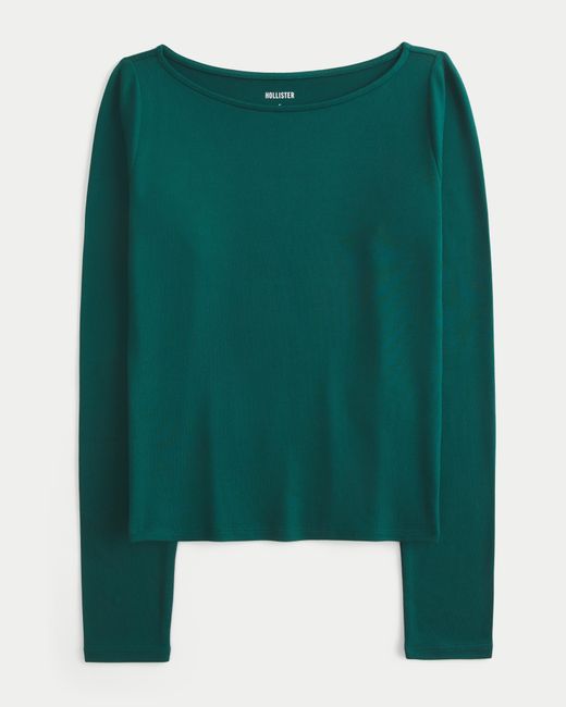 Hollister Green Long-sleeve Seamless Fabric Slash-neck Top