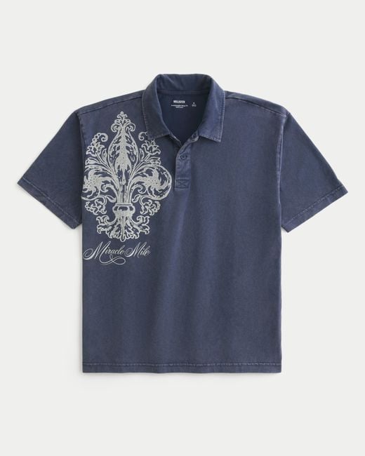 Hollister Blue Boxy Heavyweight Cotton Graphic Polo for men