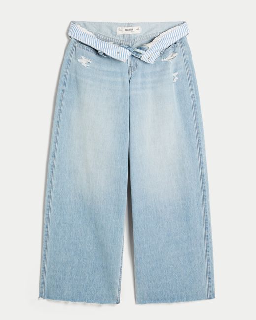 Hollister Blue Low-rise Light Wash Foldover Waist Super Baggy Jeans