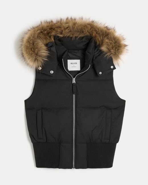 Hollister Black Faux Fur Trim Hooded Y2k Vest