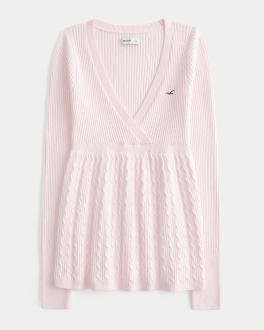 Hollister Pink Wrap Front Long-sleeve Babydoll Sweater