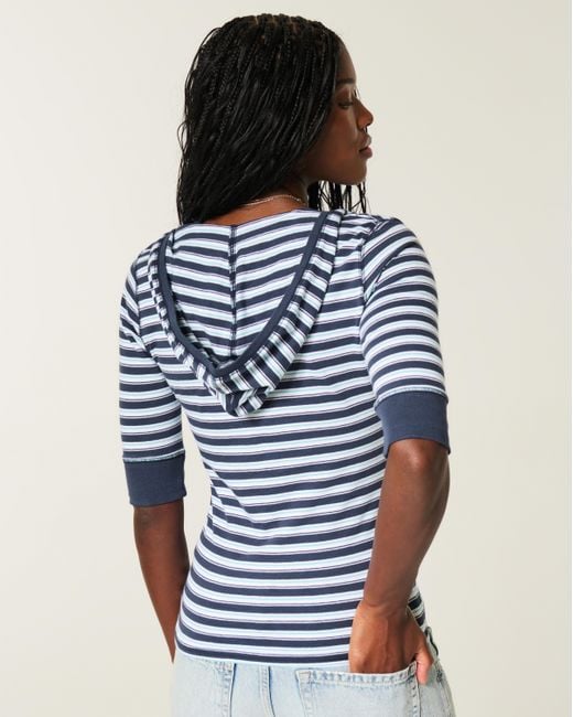 Hollister Blue Half-sleeve Hooded V-neck T-shirt