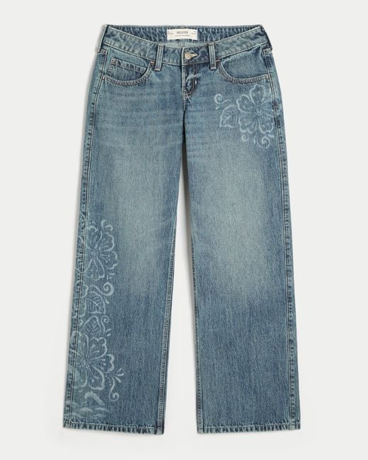Hollister Blue Ultra Low-rise Medium Wash Floral Print Baggy Jeans