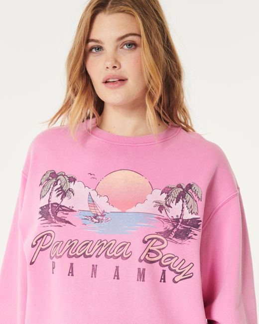 Hollister Pink Oversized Panama Bay Graphic Crew Sweatshirt