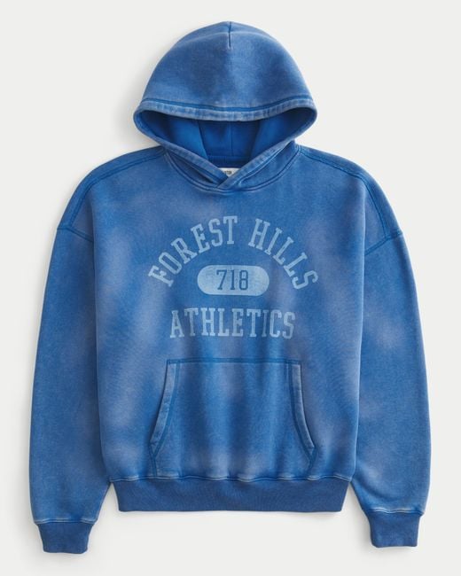 Hollister Blue Baggy Cinch Washed Forest Hills Graphic Hoodie for men