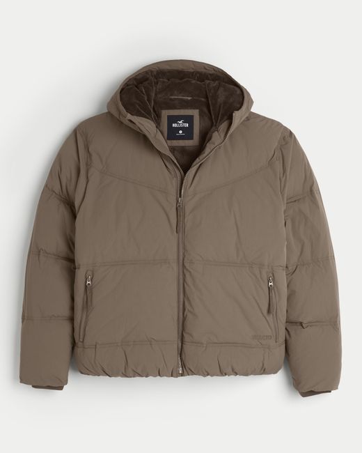 Hollister Brown Faux Fur-lined Hooded Puffer Jacket for men