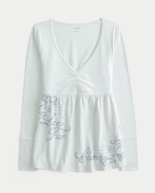 Hollister White Long-sleeve Pinch Bust Graphic Babydoll Top