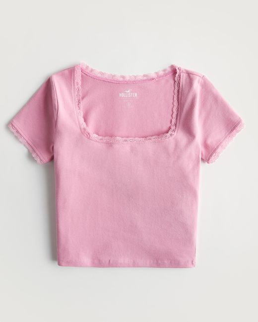 Hollister Cotton Lace Trim Baby Tee in Pink Lyst UK