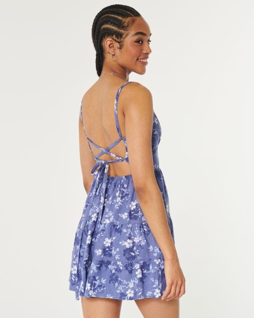 Hollister Blue Open Back Linen Blend Mini Dress
