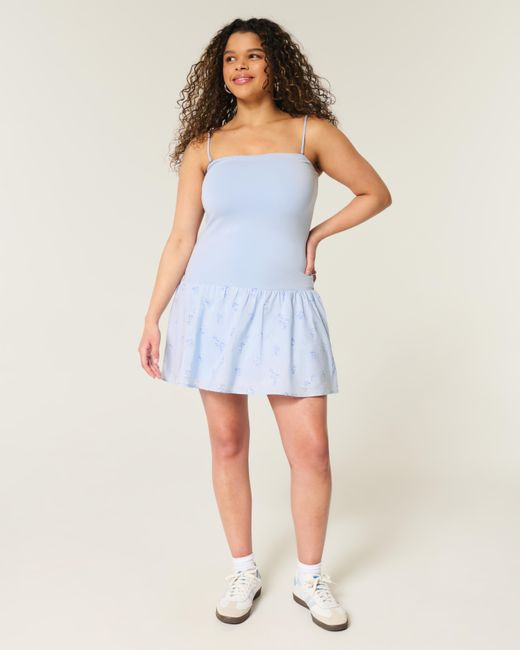 Hollister Blue Strapless Drop-waist Knit-woven Mini Dress