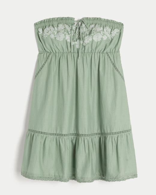 Hollister Green Strapless Embroidered Babydoll Dress