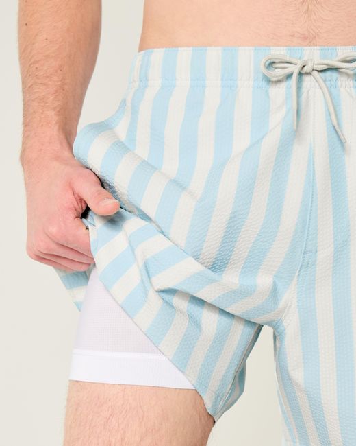 Hollister Blue Mid-thigh Seersucker Swim Trunks for men