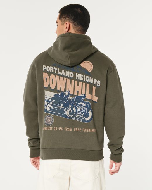 Hollister Green Relaxed Portland Motorcycle Club Graphic Hoodie for men