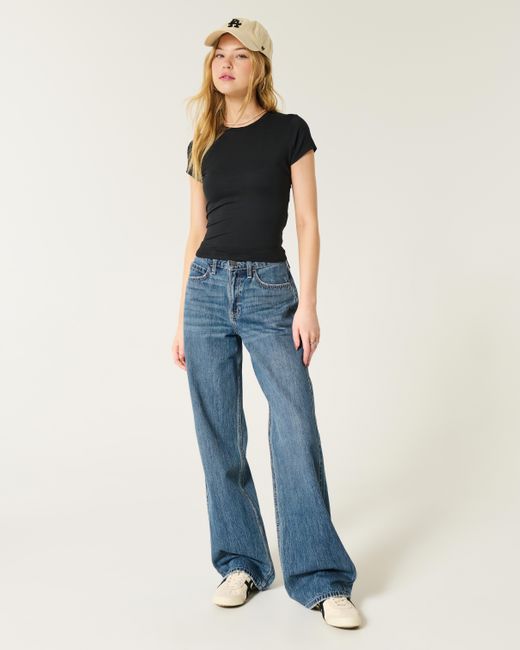 Hollister Blue High Rise Baggy Jeans in mittlerer Waschung
