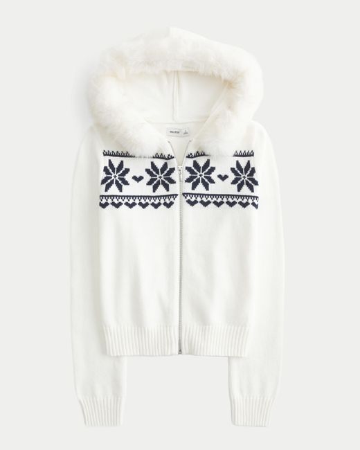 Hollister White Hooded Fair Isle Zip-up Sweater