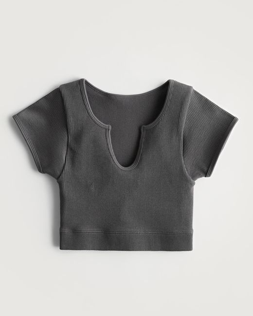 Hollister Gray Geripptes, nahtloses Gilly Hicks Crop Top mit eingekerbtem Ausschnitt