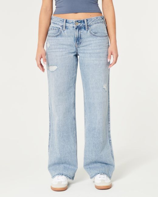 Hollister Blue Low Rise Baggy-Jeans in mittlerer Waschung mit Rissen