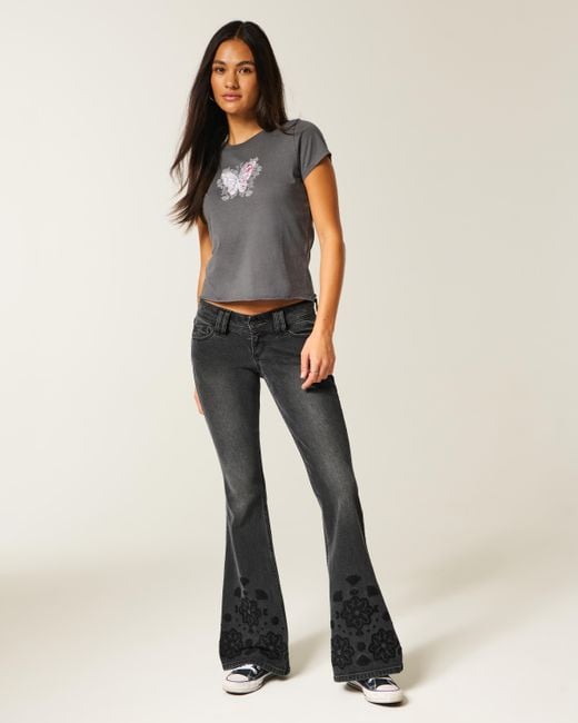 Hollister Ultra Low-rise Floral Embroidery Washed Black Flare Jeans