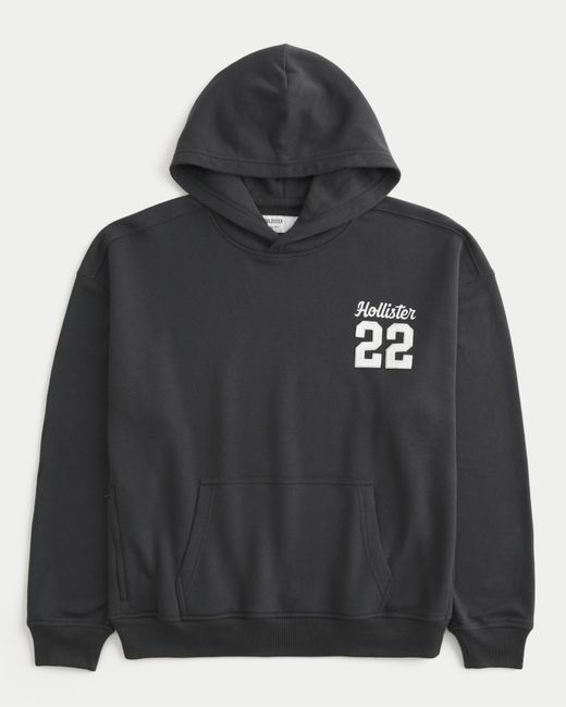 Hollister Black Boxy Terry Logo Graphic Hoodie for men
