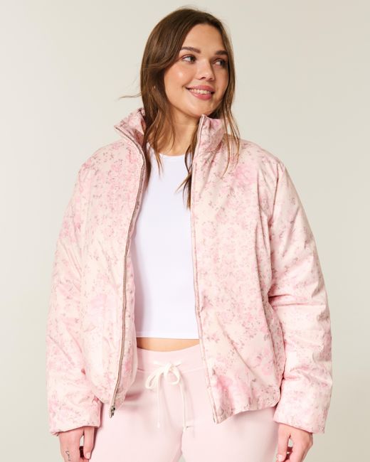 Hollister Pink Zip-up Pattern Puffer Jacket
