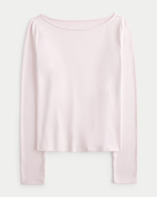 Hollister Pink Long-sleeve Seamless Fabric Slash-neck Top
