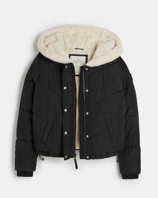 Hollister Black Ultimate Faux Fur-lined Hooded Puffer Jacket