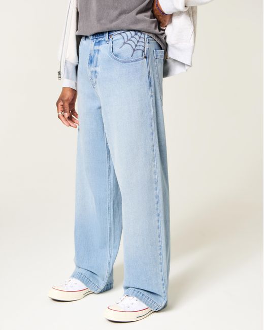 Hollister Blue Light Wash Spider Embroidery Super Baggy Jeans for men