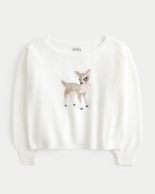 Hollister White Fy Cloud Easy Off-the-shoulder Deer Graphic Sweater